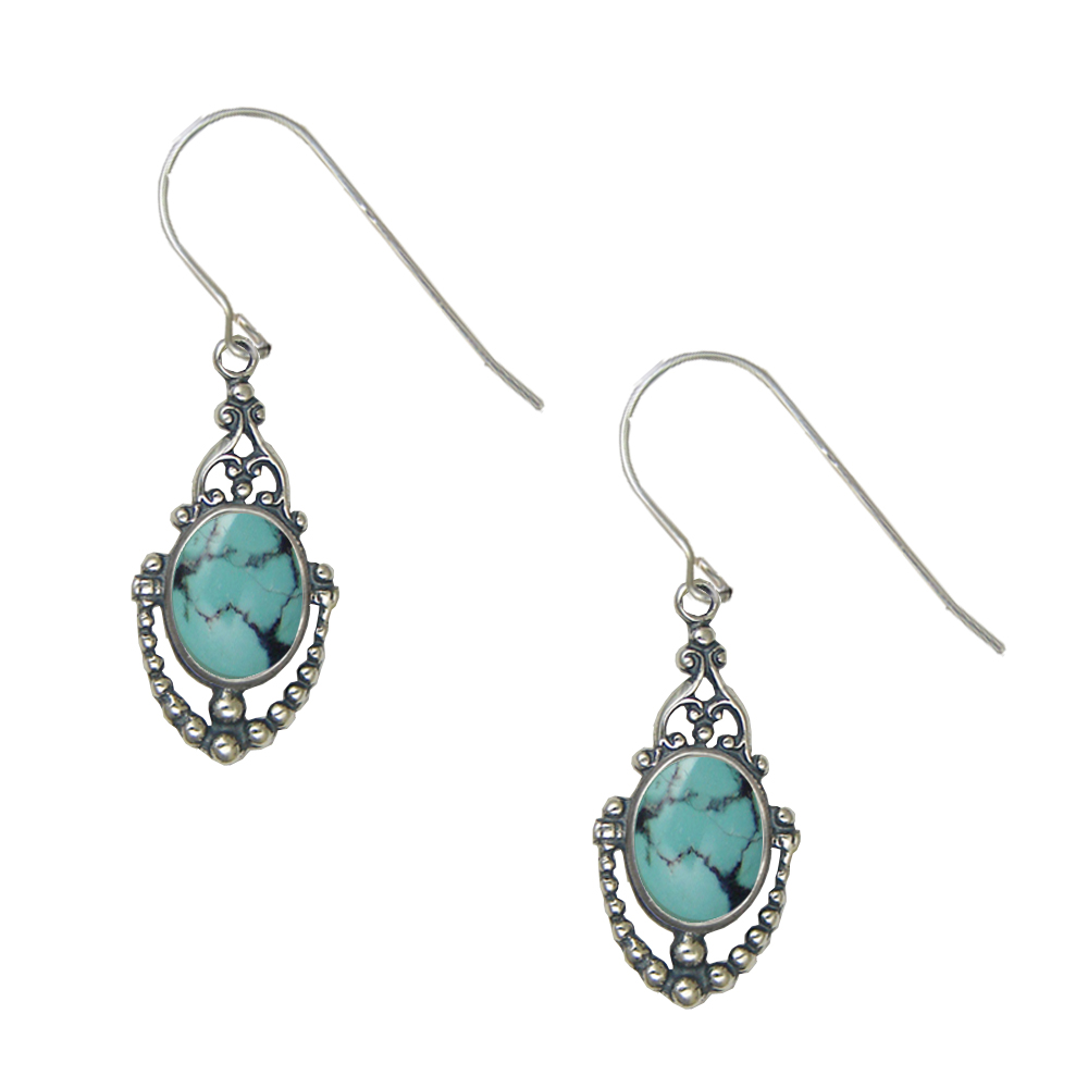 Sterling Silver Victorian Chinese Turquoise Drop Dangle Earrings